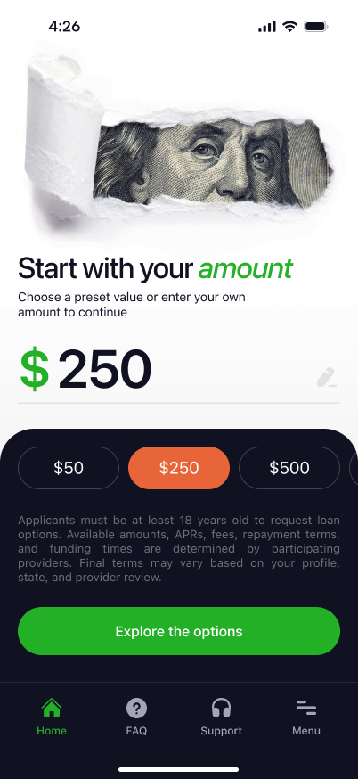 UTF Cash Advance Loans — the amount screen