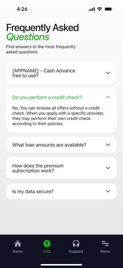 UTF Cash Advance Loans — the in-app FAQ