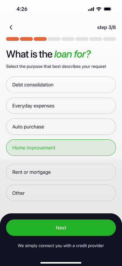 UTF Cash Advance Loans — the loan purpose screen